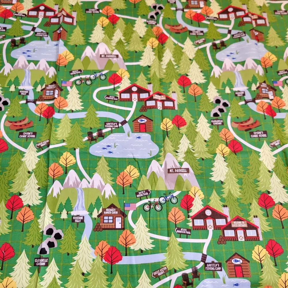 Cotton Fabric Green North Woods Cabins Trails Forest Campsite 24x44 Quilting